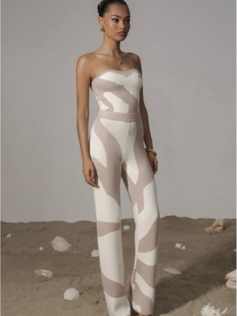 JLUXLABEL Strapless Two-Tone Knit Jumpsuit in Cream and Tan
